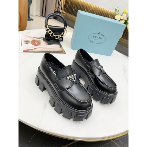 Prada Women's Monolith Loafers In Black Brushed Leather Prada Women's Monolith Loafers In Black Brushed Leather