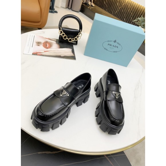 Prada Women's Monolith Loafers In Black Brushed Leather Prada Women's Monolith Loafers In Black Brushed Leather