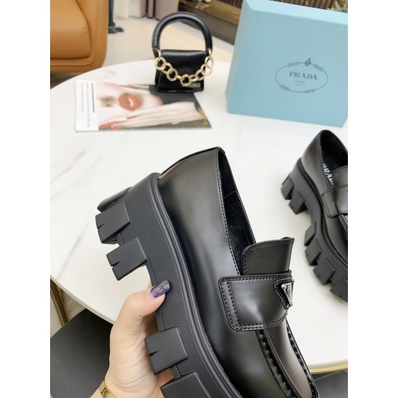 Prada Women's Monolith Loafers In Black Brushed Leather Prada Women's Monolith Loafers In Black Brushed Leather