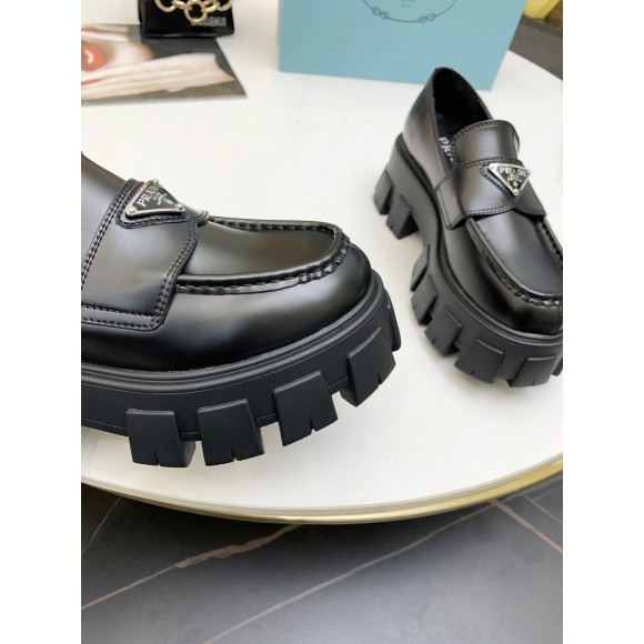 Prada Women's Monolith Loafers In Black Brushed Leather Prada Women's Monolith Loafers In Black Brushed Leather