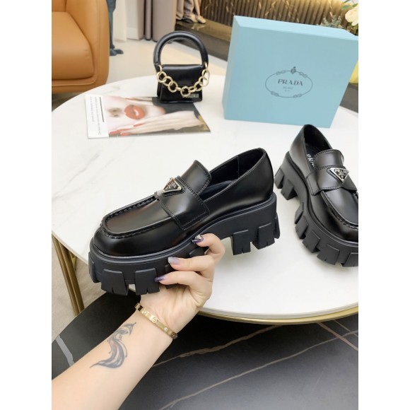Prada Women's Monolith Loafers In Black Brushed Leather Prada Women's Monolith Loafers In Black Brushed Leather
