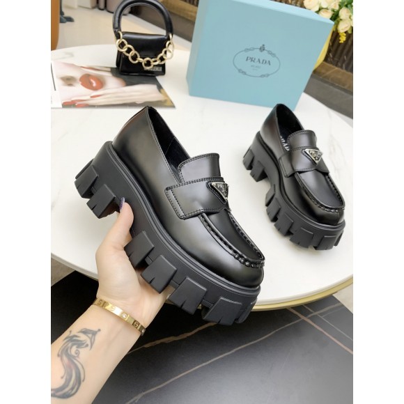 Prada Women's Monolith Loafers In Black Brushed Leather Prada Women's Monolith Loafers In Black Brushed Leather
