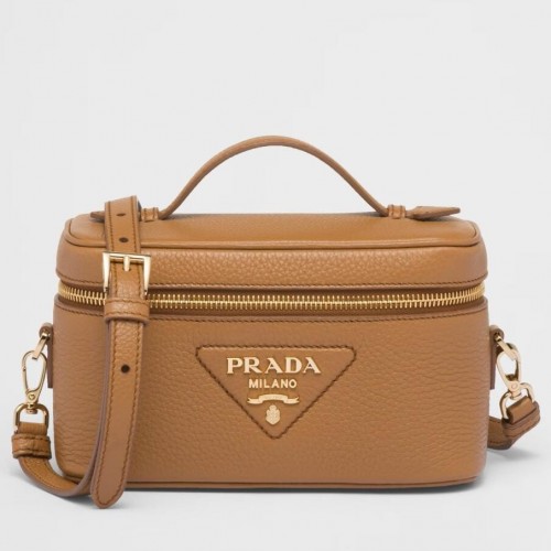 Prada Mini Vanity Bag in Brown Grained Leather