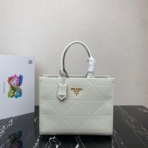 Pra*a symbole medium bag with topstitching in white leather