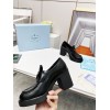 Prada Chocolate High-heeled Loafers In Black Brushed Leather