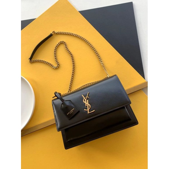 Saint Laurent Sunset Medium Chain Bag In Black Calfskin