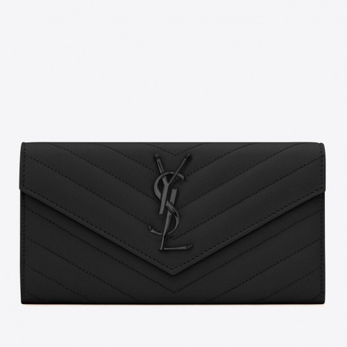 Saint Laurent Cassandre Large Flap All Black Wallet in Matelasse Leather