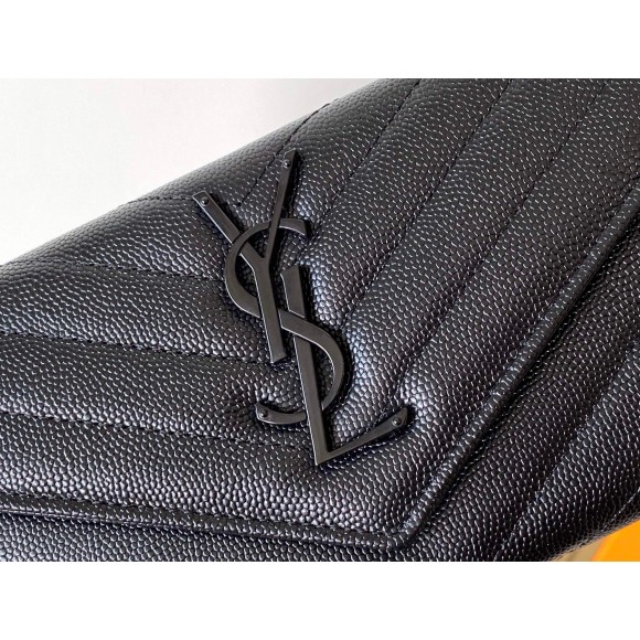 Saint Laurent Cassandre Large Flap All Black Wallet in Matelasse Leather