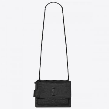 Saint Laurent Sunset Medium All Black Chain Bag In Crocodile-embossed Leather Saint Laurent Sunset Medium All Black Chain Bag In Crocodile-embossed Leather