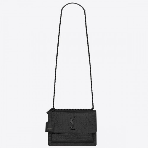 Saint Laurent Sunset Medium All Black Chain Bag In Crocodile-embossed Leather