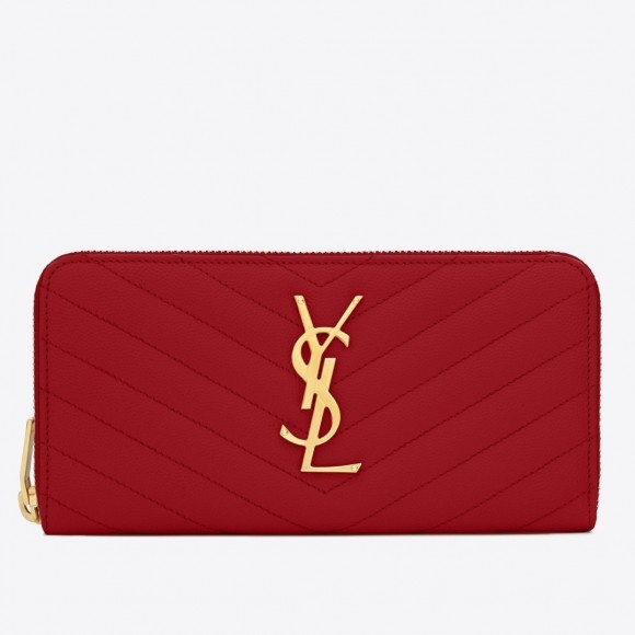 Saint Laurent Cassandre Zip Around Wallet in Red Matelasse Leather