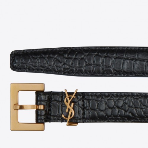 Saint Laurent Cassandre Square Buckle Belt 20MM In Black Crocodile-embossed Leather