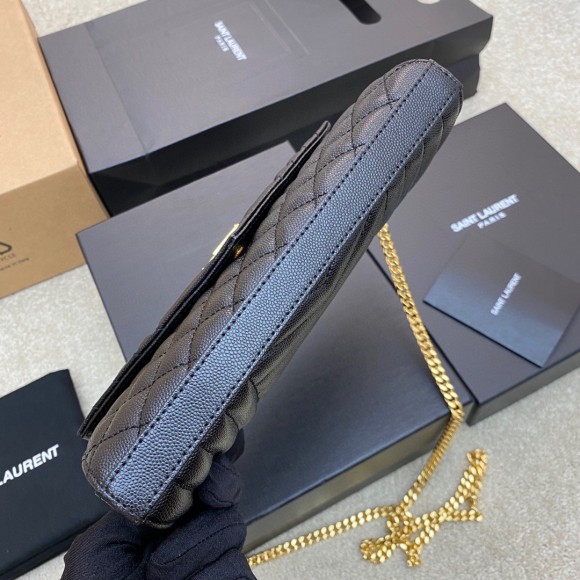 Saint Laurent Envelope Chain Wallet in Black Grained Leather