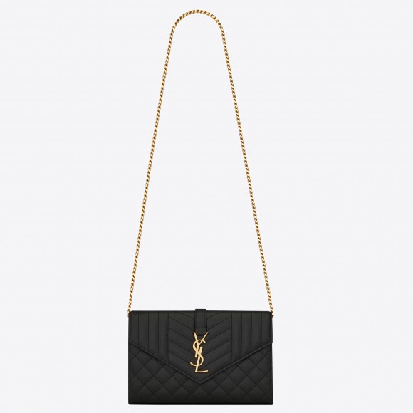 Saint Laurent Envelope Chain Wallet in Black Grained Leather