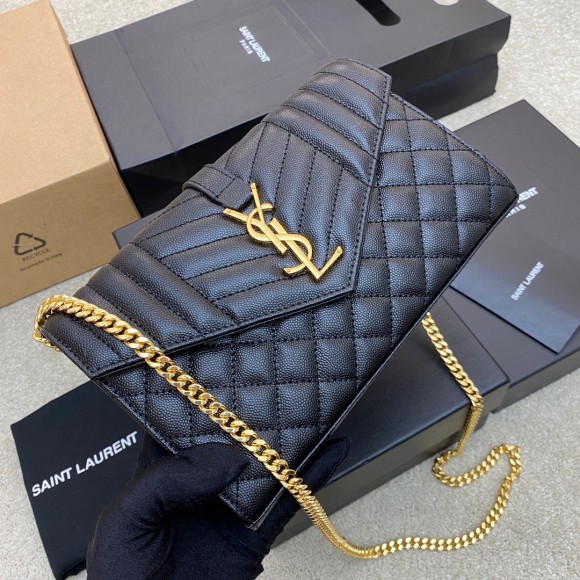 Saint Laurent Envelope Chain Wallet in Black Grained Leather