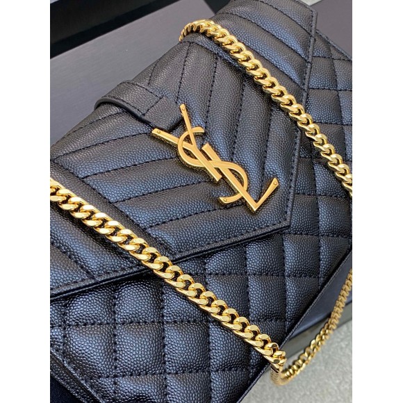 Saint Laurent Envelope Chain Wallet in Black Grained Leather