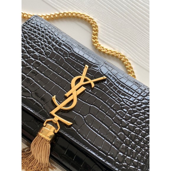 Saint Laurent Kate Small Tassel Bag In Black Crocodile-embossed Leather