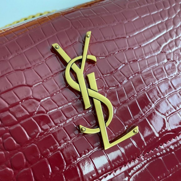 Saint Laurent Sunset Medium Chain Bag In Bordeaux Crocodile-embossed Leather