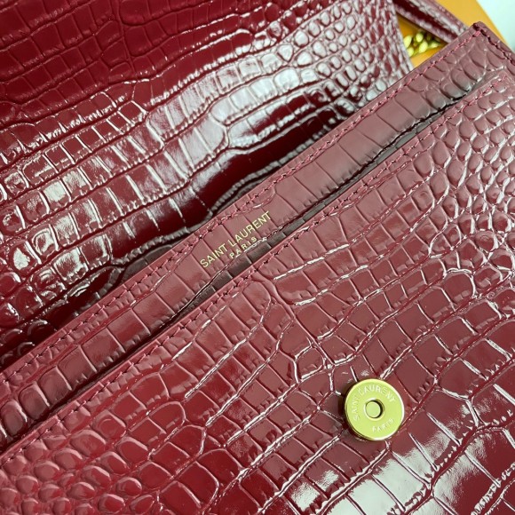 Saint Laurent Sunset Medium Chain Bag In Bordeaux Crocodile-embossed Leather