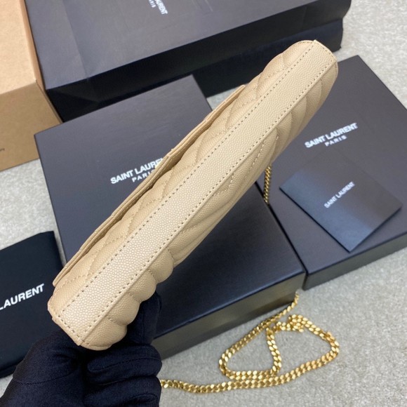 Saint Laurent Envelope Chain Wallet in Beige Grained Leather