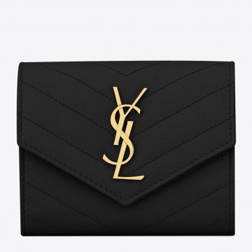Saint Laurent Cassandre Tri-fold Wallet in Black Matelasse Leather Saint Laurent Cassandre Tri-fold Wallet in Black Matelasse Leather