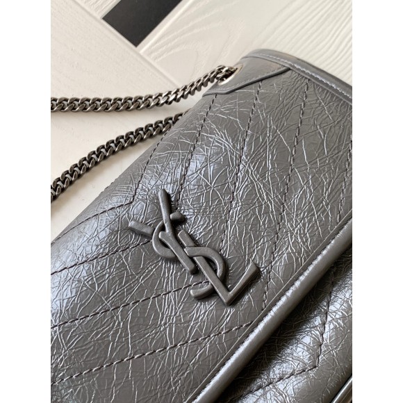 Saint Laurent Niki Baby Chain Bag In Dark Grey Crinkled Leather