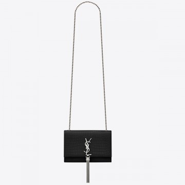Saint Laurent Kate Small Tassel Bag In Noir Crocodile-embossed Leather Saint Laurent Kate Small Tassel Bag In Noir Crocodile-embossed Leather