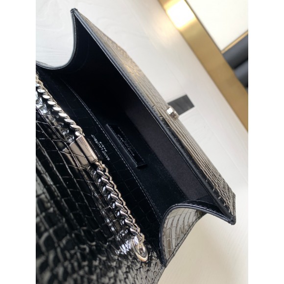 Saint Laurent Kate Small Tassel Bag In Noir Crocodile-embossed Leather