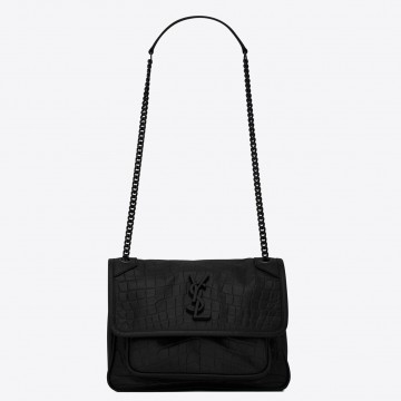 Saint Laurent Niki Baby Chain So Black Bag In Crocodile-embossed Leather