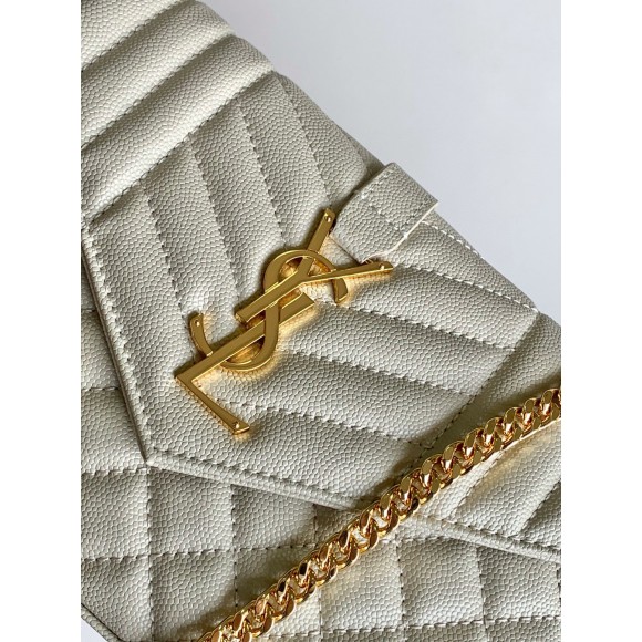 Saint Laurent Envelope Chain Wallet in White Grained Leather