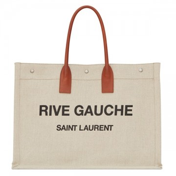 Saint Laurent Rive Gauche Tote Bag in White Linen and Brown Leather Saint Laurent Rive Gauche Tote Bag in White Linen and Brown Leather