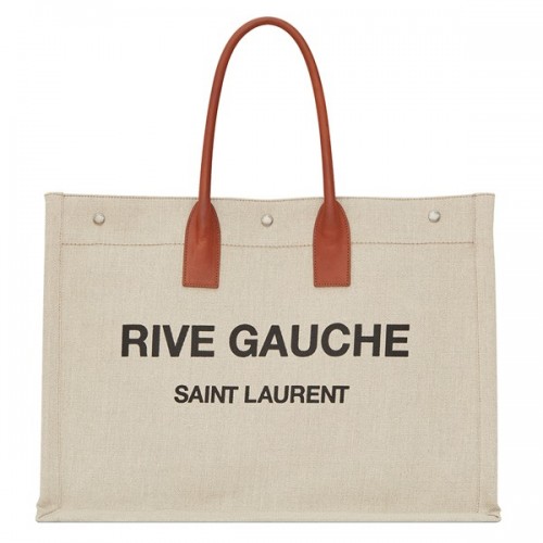 Saint Laurent Rive Gauche Tote Bag in White Linen and Brown Leather