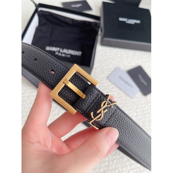 Saint Laurent Cassandre Square Buckle Belt 30MM In Black Calfskin