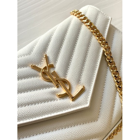 Saint Laurent Cassandre Matelasse Chain Wallet in White Grained Leather