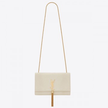Saint Laurent Kate Medium Tassel Bag In White Crocodile-embossed Leather