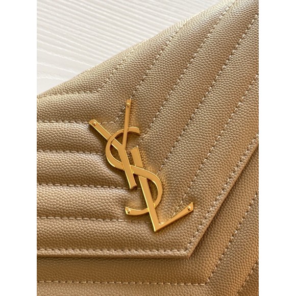 Saint Laurent Cassandre Matelasse Chain Wallet in Beige Grained Leather