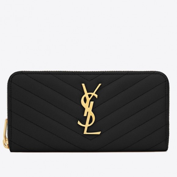 Saint Laurent Cassandre Zip Around Wallet in Black Matelasse Leather