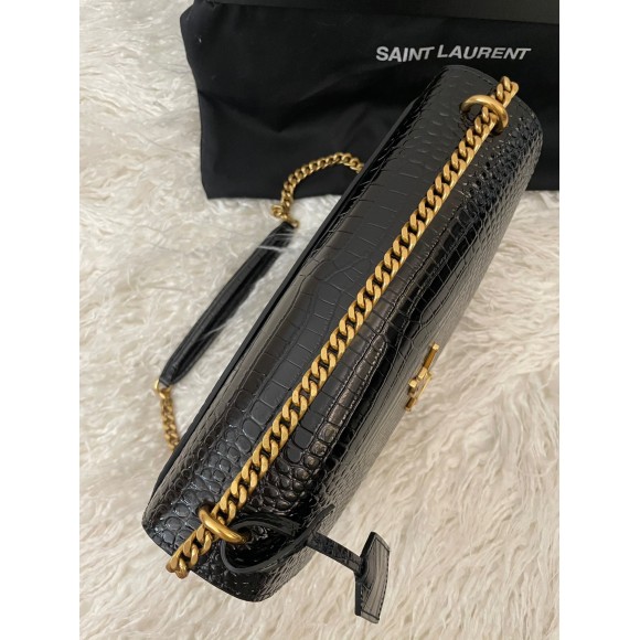 Saint Laurent Sunset Large Chain Bag In Black Crocodile-embossed Leather