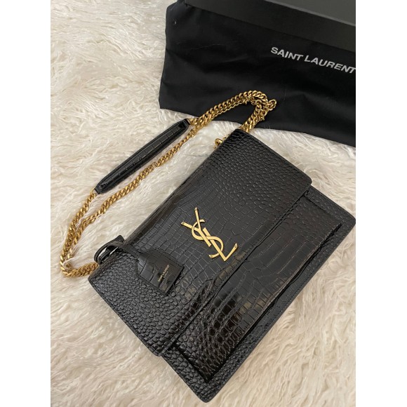 Saint Laurent Sunset Large Chain Bag In Black Crocodile-embossed Leather