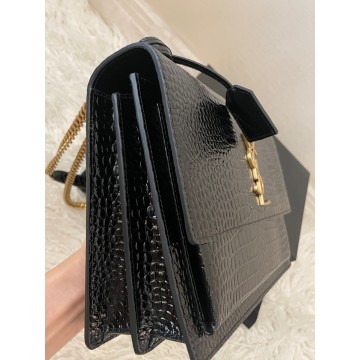 Saint Laurent Sunset Large Chain Bag In Black Crocodile-embossed Leather Saint Laurent Sunset Large Chain Bag In Black Crocodile-embossed Leather