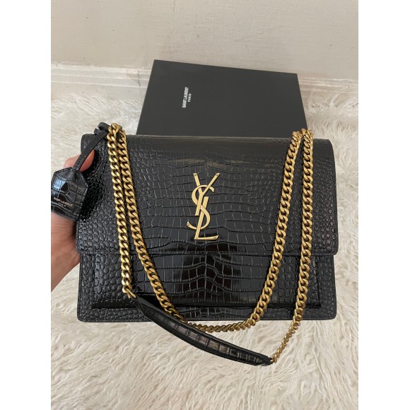 Saint Laurent Sunset Large Chain Bag In Black Crocodile-embossed Leather