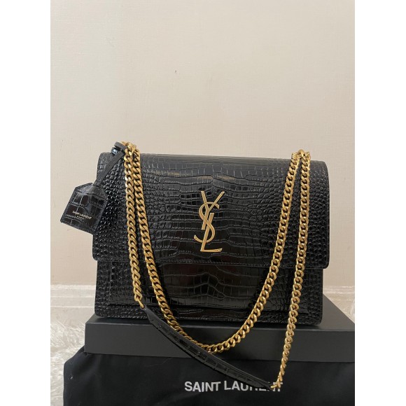 Saint Laurent Sunset Large Chain Bag In Black Crocodile-embossed Leather