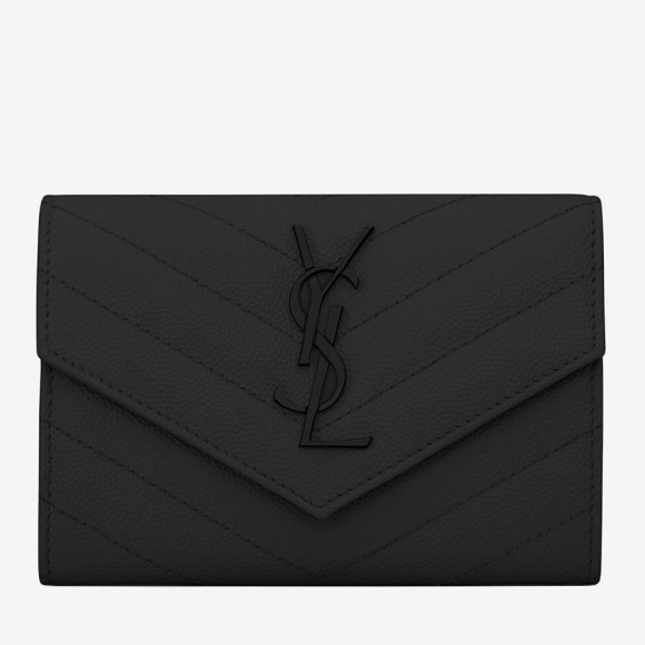 Saint Laurent Cassandre Small Envelope All Black Wallet in Matelasse Leather