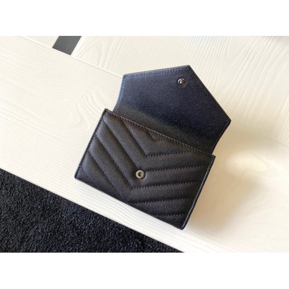 Saint Laurent Cassandre Small Envelope All Black Wallet in Matelasse Leather