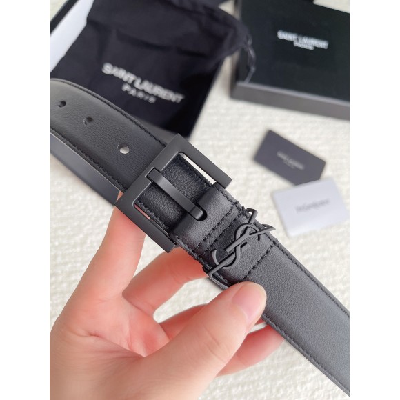 Saint Laurent Cassandre Square Buckle Belt 30MM In All Black Leather