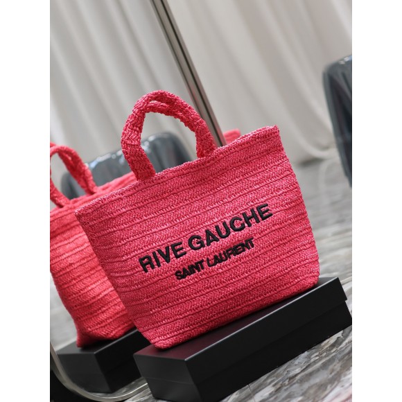 Saint Laurent Rive Gauche Tote Bag in Neon Pink Raffia Crochet