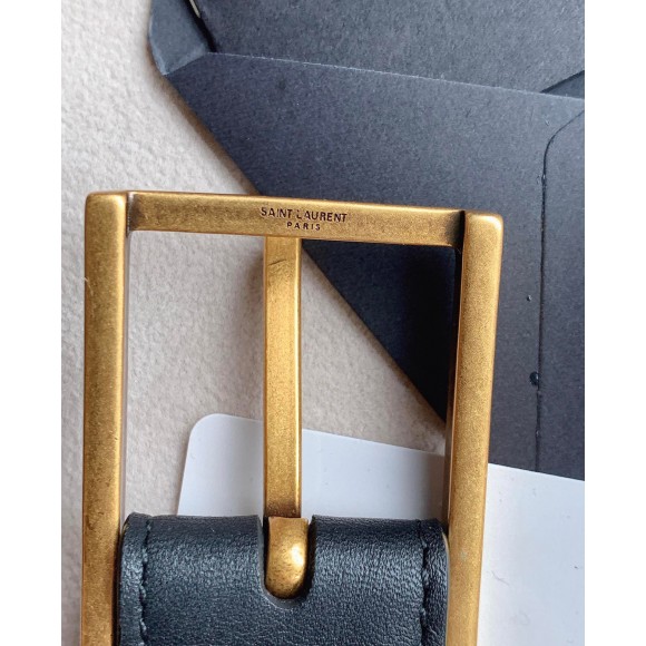 Saint Laurent New Cassandre Buckle Belt 30MM In Black Leather