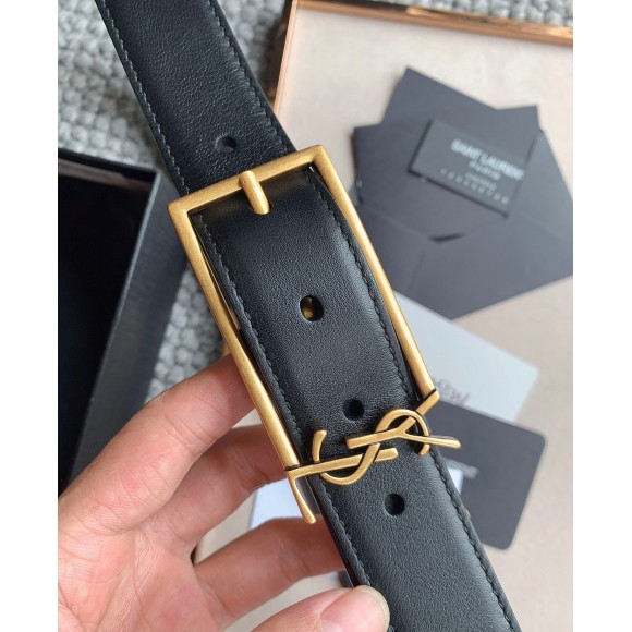 Saint Laurent New Cassandre Buckle Belt 30MM In Black Leather