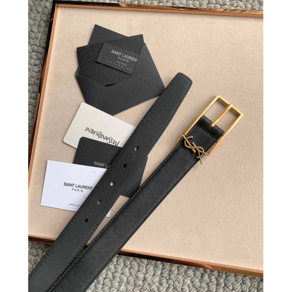 Saint Laurent New Cassandre Buckle Belt 30MM In Black Leather