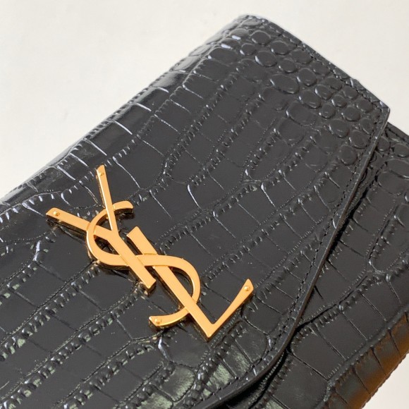 Saint Laurent Uptown Chain Wallet in Black Crocodile-embossed Leather